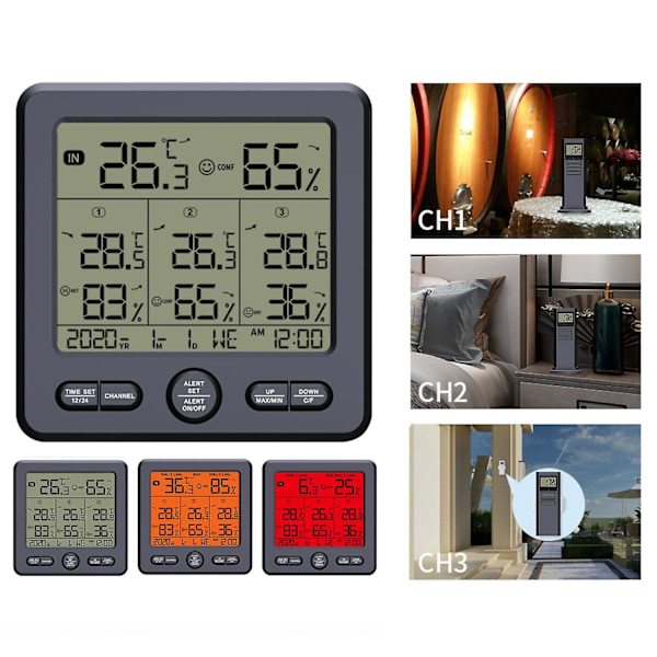 Digital Trådlös Inomhus/Utomhus Termometer/Fuktighetsmätare med 3 Fjärrsensorer 30m Bakgrundsbelysning & Alarm C