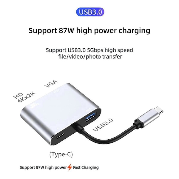 USB C Hub 4-i-1 Dockningsstation med 5Gbps USB 3.0, 4K HD, VGA, 87W PD-laddning för , Laptops, & Mer