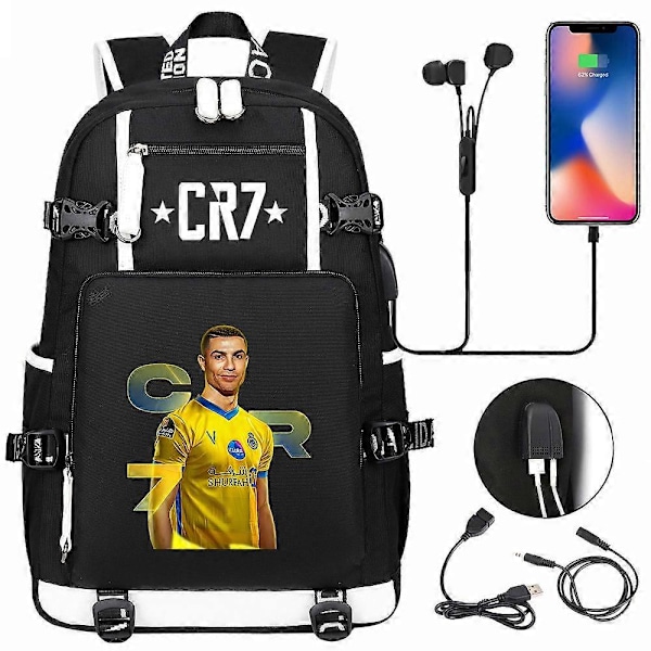 Cristiano Ronaldo målgest mönstrad ryggsäck med USB-laddning och hörlursadapter 8