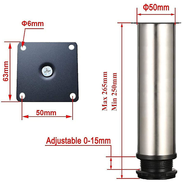 4 säädettävää jalkaa 300 mm korkeus Paksu kaappijalat Pöytäjalat Huonekalujalat, Harjattu ruostumaton teräs, Säädettävä korkeus 0-15 mm Toimitetaan ruostumattomasta teräksestä valmistettujen