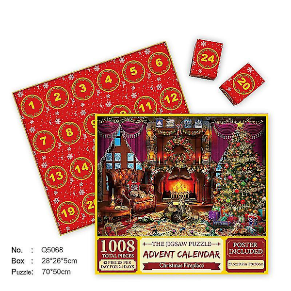 Julepuslespill Adventskalender 2024, 1008 Brikker Puslespill Blindboks 24 Dager Juletelling-B-