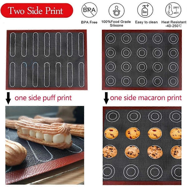 Silikonbageplade med trykte macarons, dobbeltsidet, 30x40 cm, non-stick, perforeret, til bagning af kager