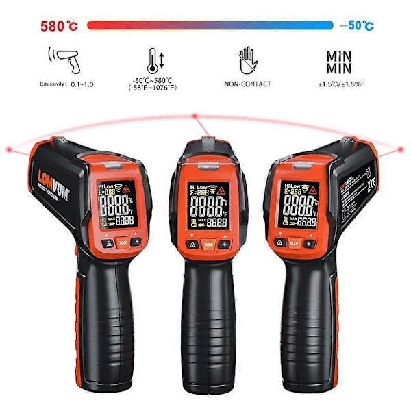 Digital Infraröd Termometer Kontakt Temperaturpistol Laser Handhållen IR Temp Pistol Färgstark LCD-skärm 50-580C Alarm