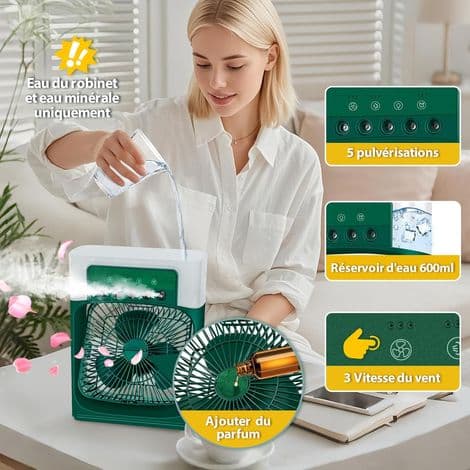 Ventilator, 3 hastigheder, timer, 7 LED'er og køleventilator med variabel intensitet (grøn).
