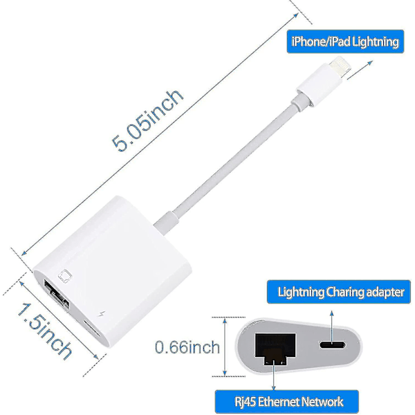 Ny, passende Lightning til Ethernet-adapter, kompatibel 2-i-1 Ethernet LAN-nettverksadapter med ladepunkt