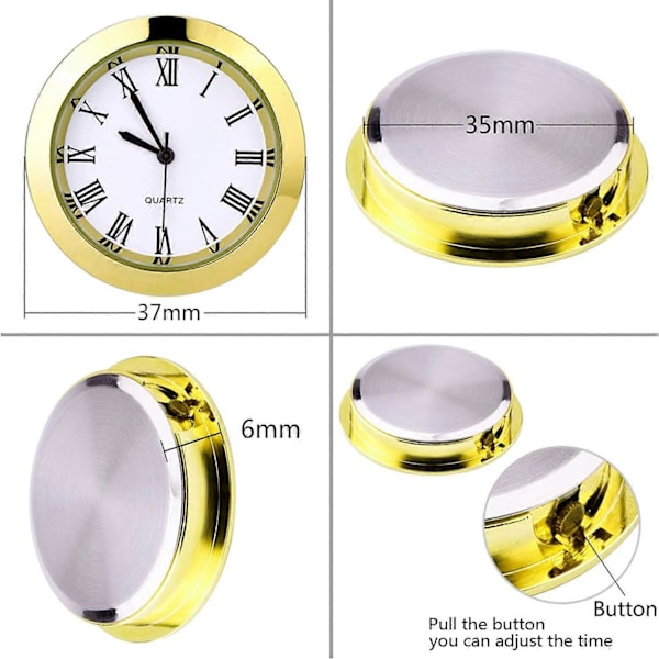 1-1/2 tum (37 mm) Rund Quartz Klockinsats med Romerska Siffror Passar 35 mm Diameter Hål (Guldram)