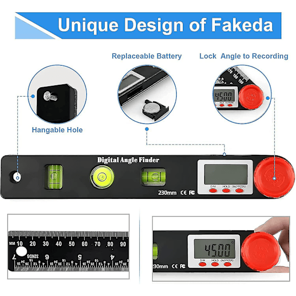 Digital vinkelmätare, 0~999 Digital gradskiva linjal vattenpass goniometer elektronisk 230mm lutningsmätare