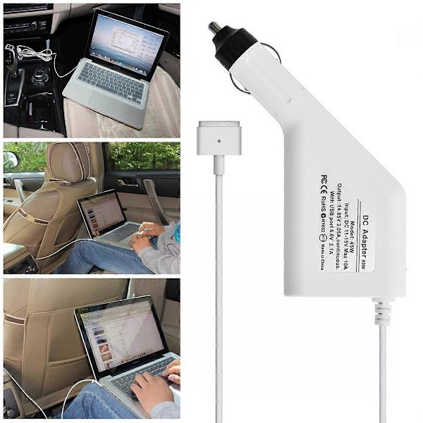 45W 14.85V 3.0 5-polet T-formet MagSafe 2 Biloplader med 1 USB-port til Apple Macbook A1466 / A1436 / A1465 / A1435 / MD224 / MD231 / MD761 / MD711, Le