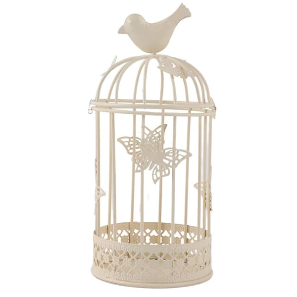 Hollowed Candlestick Cage-shaped Candle Holder with Bird Decor for Home Decoration White