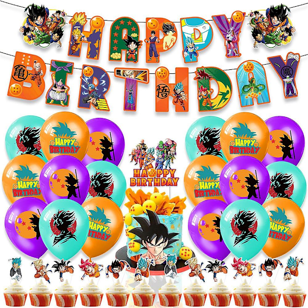 Dragon Ball Cartoon-tema Festtillbehör Set Ballonger Banner Tårta Toppers Dekorationer Kit För Barn Pojkar