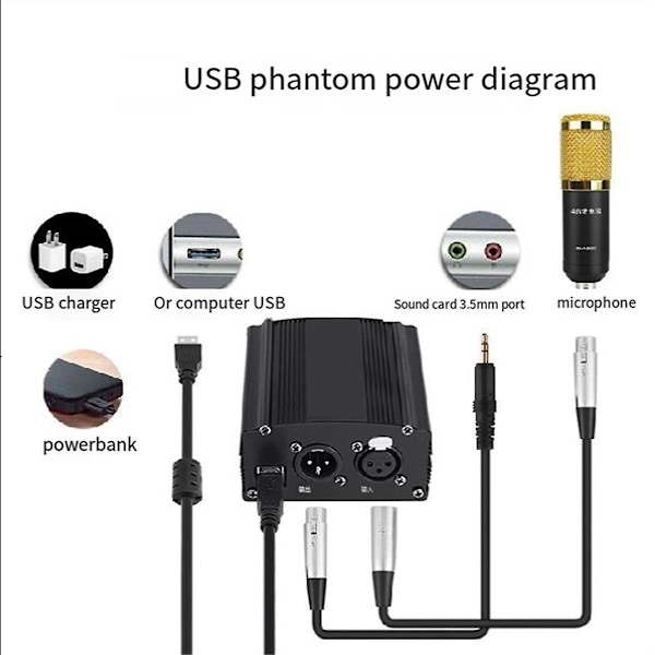 1-kanals 48V Fantomstrømsforsyning med XLR 3-polet mikrofonkabel til kondensatormikrofon Musik R