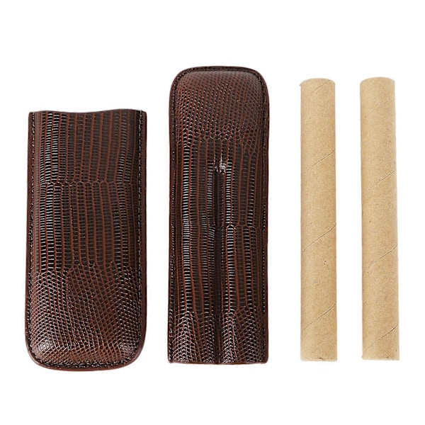 Cigar Etui Holder PU Læder Brun 2 Finger Cigar Transport Etui Bærbar til Rejser Jubilæumsgaver