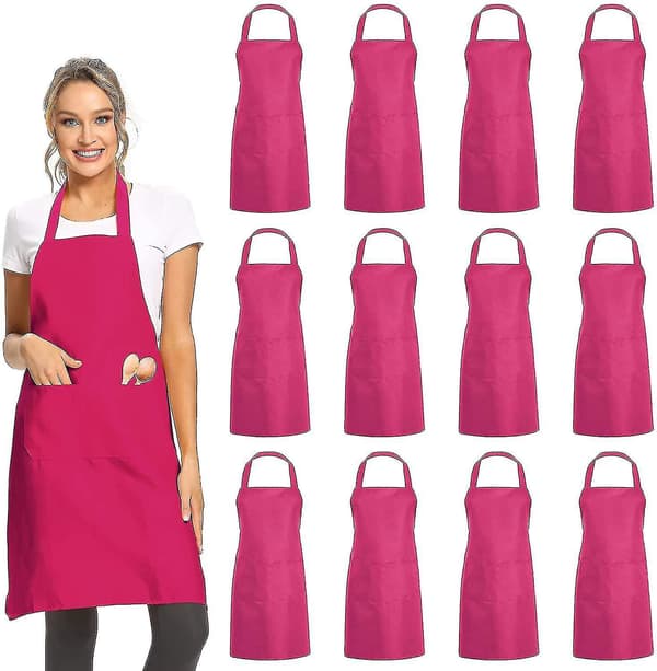 12-pack enfärgade förkläden med 2 fickor - Rosa Unisex Köksförkläde i bulk för matlagning