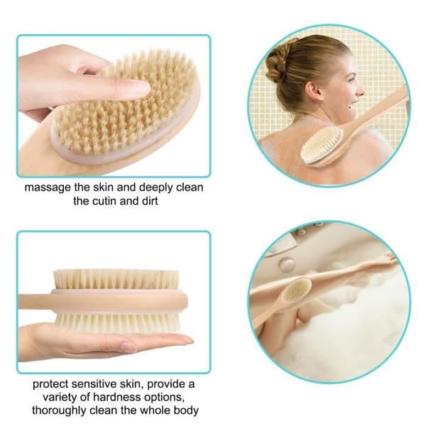Eksfolierende børste - PEELING - 43 cm - Beige - Villsvinbust - Langt trehåndtak