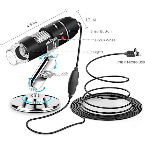 USB-mikroskop med 8 LED-lys, USB 2.0 digitalt mikroskop, 40 til 1000x forstørrelse, endoskop mini-kamera med OTG-adapter og metallstativ, kompatibelt med Mac