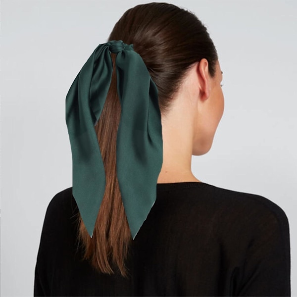 2 stk. Knyttede Bueskrunker Elastisk Hårscarf Hårelastikker Bånd Satin Hårbånd Scrunchy Hestehale til Kvinder og Piger (Mørkegrøn)