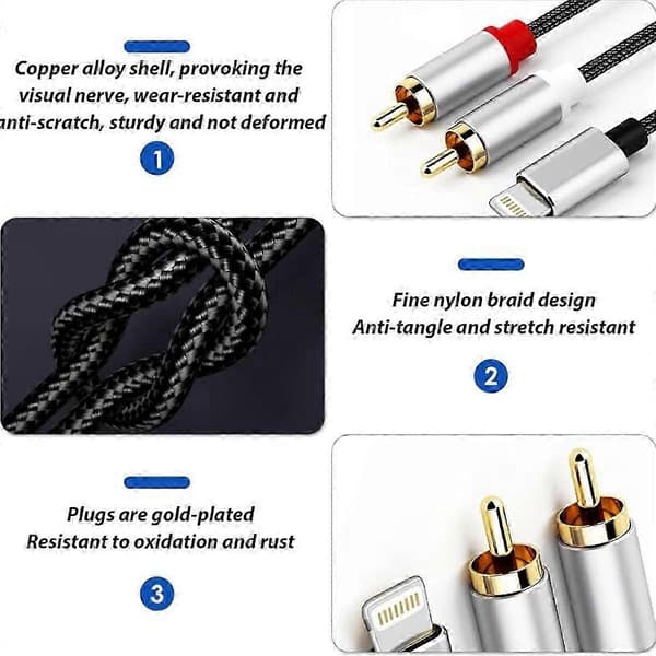 Elektrisk adapter RCA-kabel til iPhone, Lightning-kabel til RCA til iPhone iPad tablet Aux stereo-lydadapter til bil hjemmebiograf effektforstærker 1 m