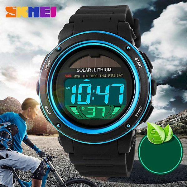 SKMEI Solcelledrevet Digital Herre Dame Sportsur Stort Urskive 5ATM Vandtæt Multifunktion Unisex Armbåndsur med Kronograf Alarm Baggrundslys