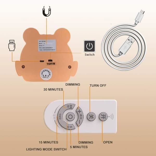Babynattlampe - 3 lysmoduser - fjernkontroll - oppladbar