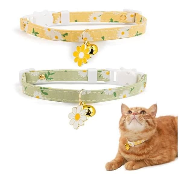 Kattkrage - Ej specificerad - 2-pack - Bomull - Gul och Grön - Säkrad med klocka