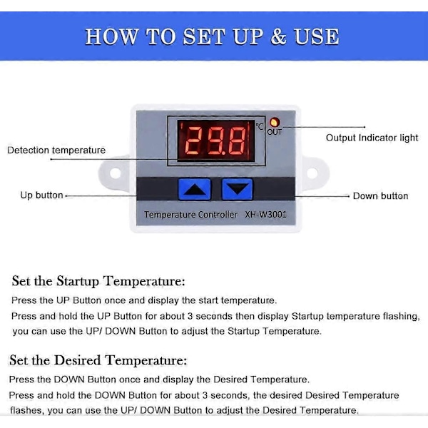 220 Digital LED Temperaturkontroller Modul, XH-W3001 Termostatbryter med Vanntett Probe, Programmerbar Varmetermostat
