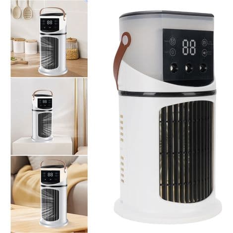Denne bærbare USB-luftkøler kombinerer en køler, luftfugter og ventilator, ideel til kontoret og udendørs.