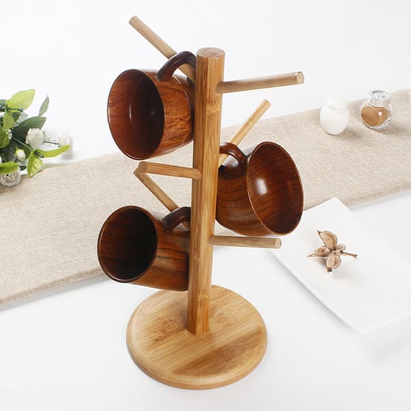 Bamboo Mug Holder, Tree-Shaped Storage Rack with 6 Hooks, Detachable Teacup Holder, Organizer