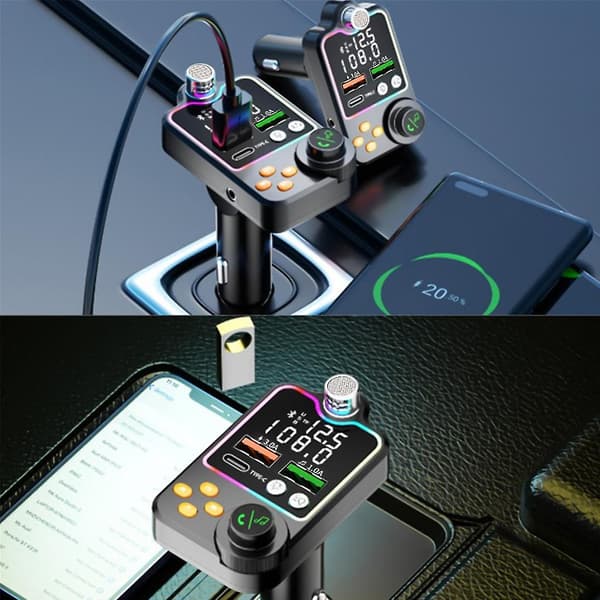 Bil Bluetooth-kompatibel FM-sender med bas MP3-afspiller Dobbelt-skærm