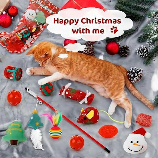 2024 Julkalender med katt-leksaker, Blind Box, 24 dagars nedräkning till jul, 24 st julklappar, kattfjäderleksak och bollklockor för kattungar
