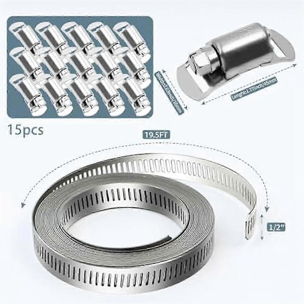 304 Rostfria Stål Slangklämmor - för DIY, Klipp-till-passform 5,9 m Rem + 15 Fästelement Kit Justerbara Maskskruvband Kanal