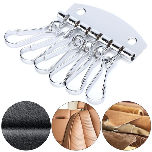 Key Organizer Wallet Leather Case with Metal Keychain, 6 Hooks for Bag, Silver