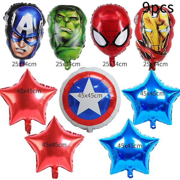 9 stk. Marvel Avengers Balloner, Wopin - Genanvendelige Marvel Superhelte Folieballoner, Marvel Avengers Festdekorationer, til Børnefødselsdag
