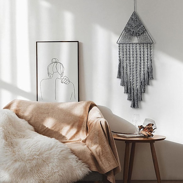 Makrame-seinävaate Unelmien Saalistaja Kolmio Nauha Geometrinen Taide Boho Tausta Bohemian Koti Sisustus Seinätaide Kaunis Asunnon Yliopiston Huoneen Oven D