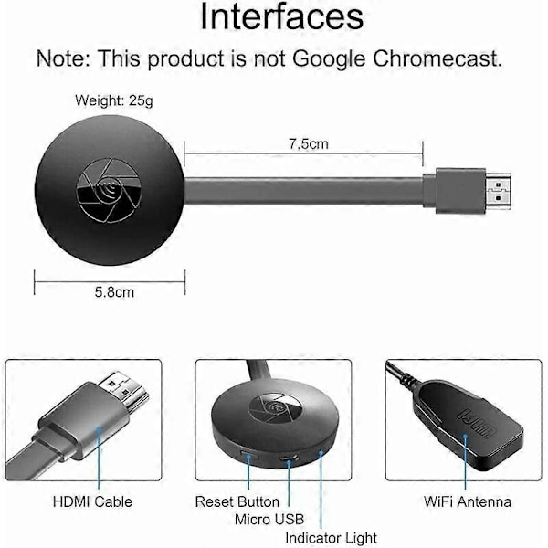 Trådløs HDMI Dongle Streaming, Trådløs Display Receiver, Cast til iPhone/iPad/Android/iOS/Windows/Mac Laptop, PC til TV