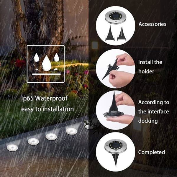 Utendørs solcellelampe - 8 LED-spotter - IP65 vanntett - Rustfritt stålhus - Innfelt [8 LED-er - Hvitt lys]