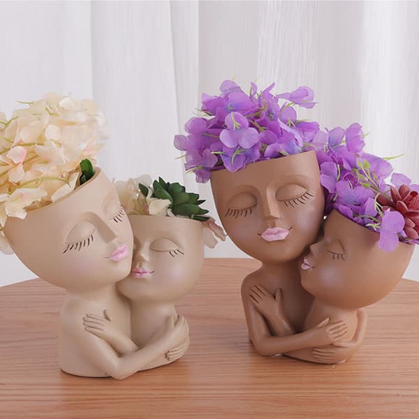 Double-Headed Human Face Resin Vase for Flower Arrangement