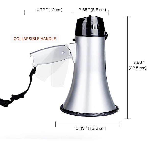 25 Watt Kompakt Megaphone Högtalare PA Bullhorn - med Inbyggd Siren, Röstinspelare, Flasköppnare Silver