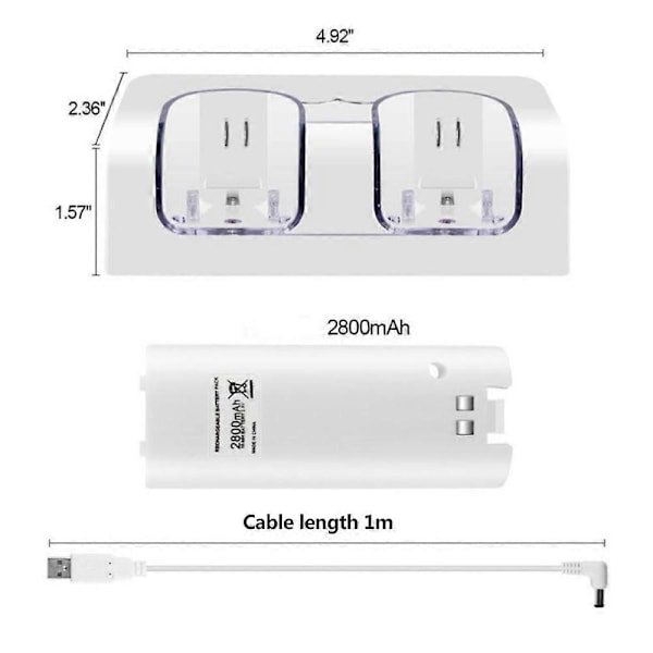 2 stk. 2800mAh Genopladelige Batterier og Wii Batteri Opladningsstation til Wii Remote Switch Tilbehør