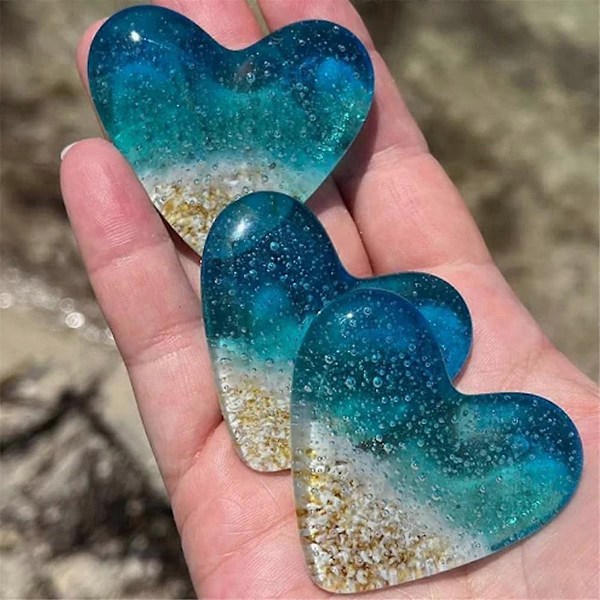 4x Glas Strand Lommehjerte, Lommehjerte Strandglas Token, Fused Glas Hjerte Lomme Token, Håndlavet