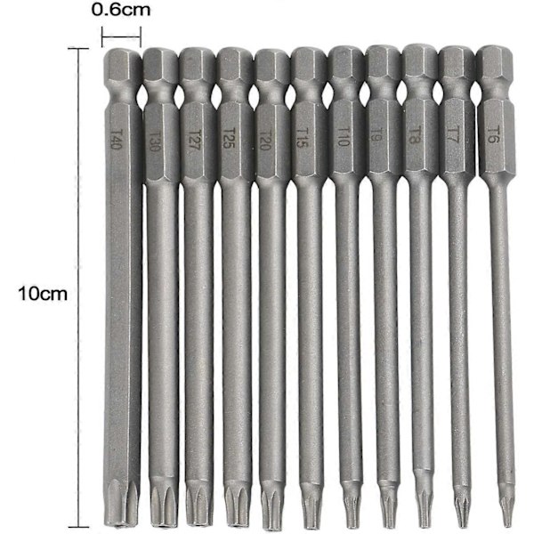 PIAO 11 stk Ekstra Lange (100mm) Magnetiske T8-T40 1/4\" Torx Bitsæt Hex Skaft Elektrisk Skruetrækker