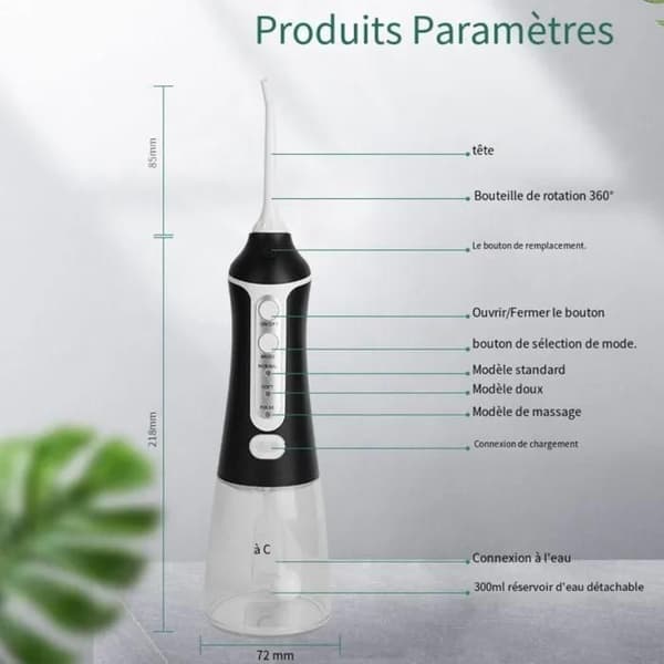 Oppladbar bærbar vanntråd for tenner - 3 moduser - 300ML - 2 dyser