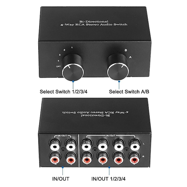 4-suuntainen kaksisuuntainen RCA-stereokaiutin kytkin 2 sisään 4 ulos tai 4 sisään 2 ulos L/R-liitäntä äänenkanava RCA Au