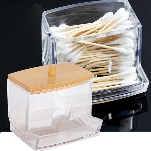 Transparent Spice Jar Bamboo Cover Cotton Swab Toothpick Storage Box Container Organizer Rectangular