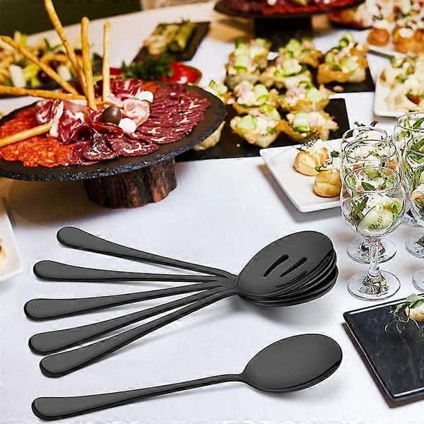 Serveringssæt i rustfrit stål til buffet catering, festbanket, serveringsskeer og gafler, sort
