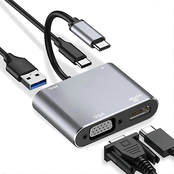 USB C Hub 4-i-1 Dockningsstation med 5Gbps USB 3.0, 4K HD, VGA, 87W PD-laddning för , Laptops, & Mer