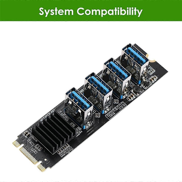 M.2 NVME KEY-M til 4 porte PCI-E 1X USB 3.0 Riser-kort, M.2 B-Key PCI-E Adapterkort til BTC Miner E