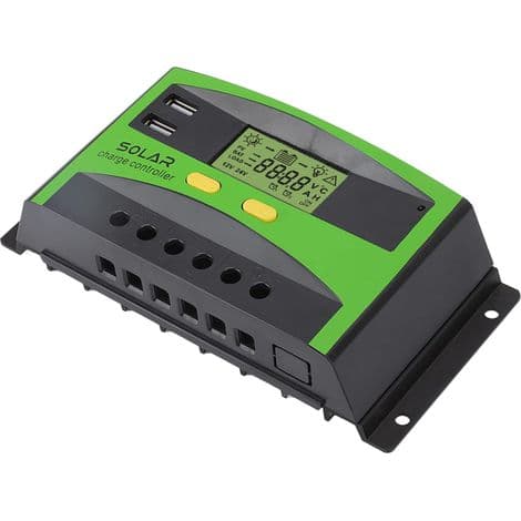 12V/24V PWM Solar Controller, Intelligent Solar Panel Batteriregulator med Dobbelte USB-porte og LCD-skærm til Hjemmehave (30A)