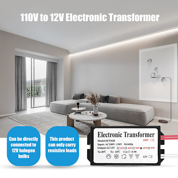 Vktech 110V til 12V 60W Halogen Lys Strømforsyning Konverter Elektronisk Transformator