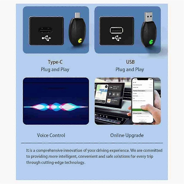 Kablet til Trådløs Carplay & Android Auto AI Boks 2 i 1 Mini Adapter Plug and Play Dongle Rask Tilkobling for 99% av Biler