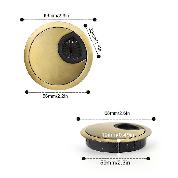 2 stycken Nobla Kabelgenomföringar 60 mm | Kabelhålsskydd för skrivbord, bord och arbetsytor | Material: Zink-legering (brons)